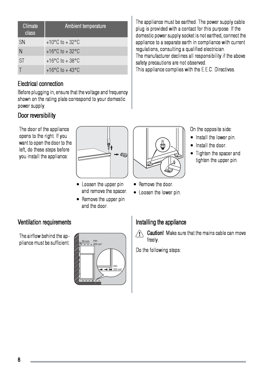 Zanussi ZBA7190A user manual Electrical connection, Door reversibility, Installing the appliance, Climate, class 
