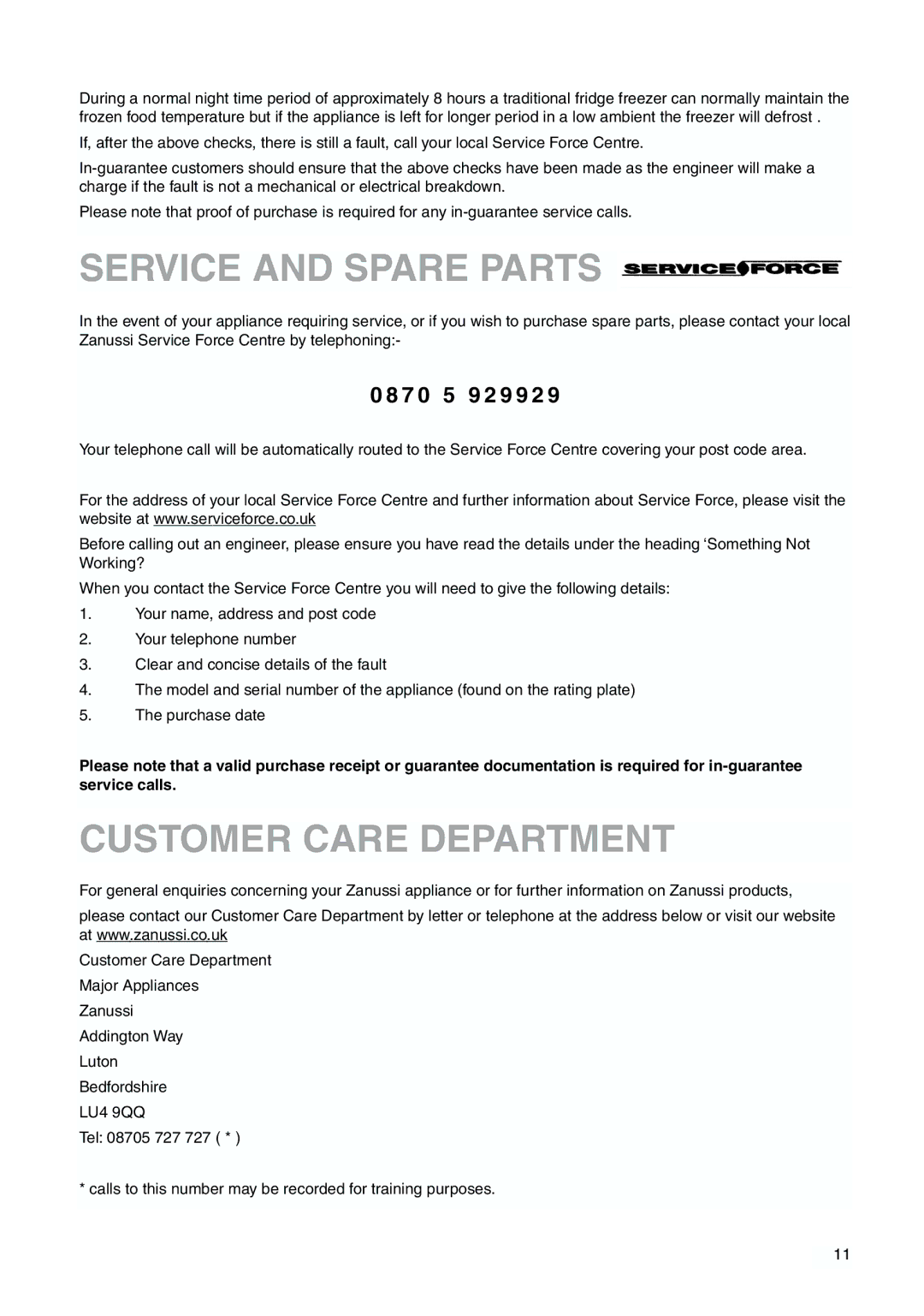 Zanussi ZBB 6244 manual Service and Spare Parts, Customer Care Department, 7 0 5 9 2 9 9 2 