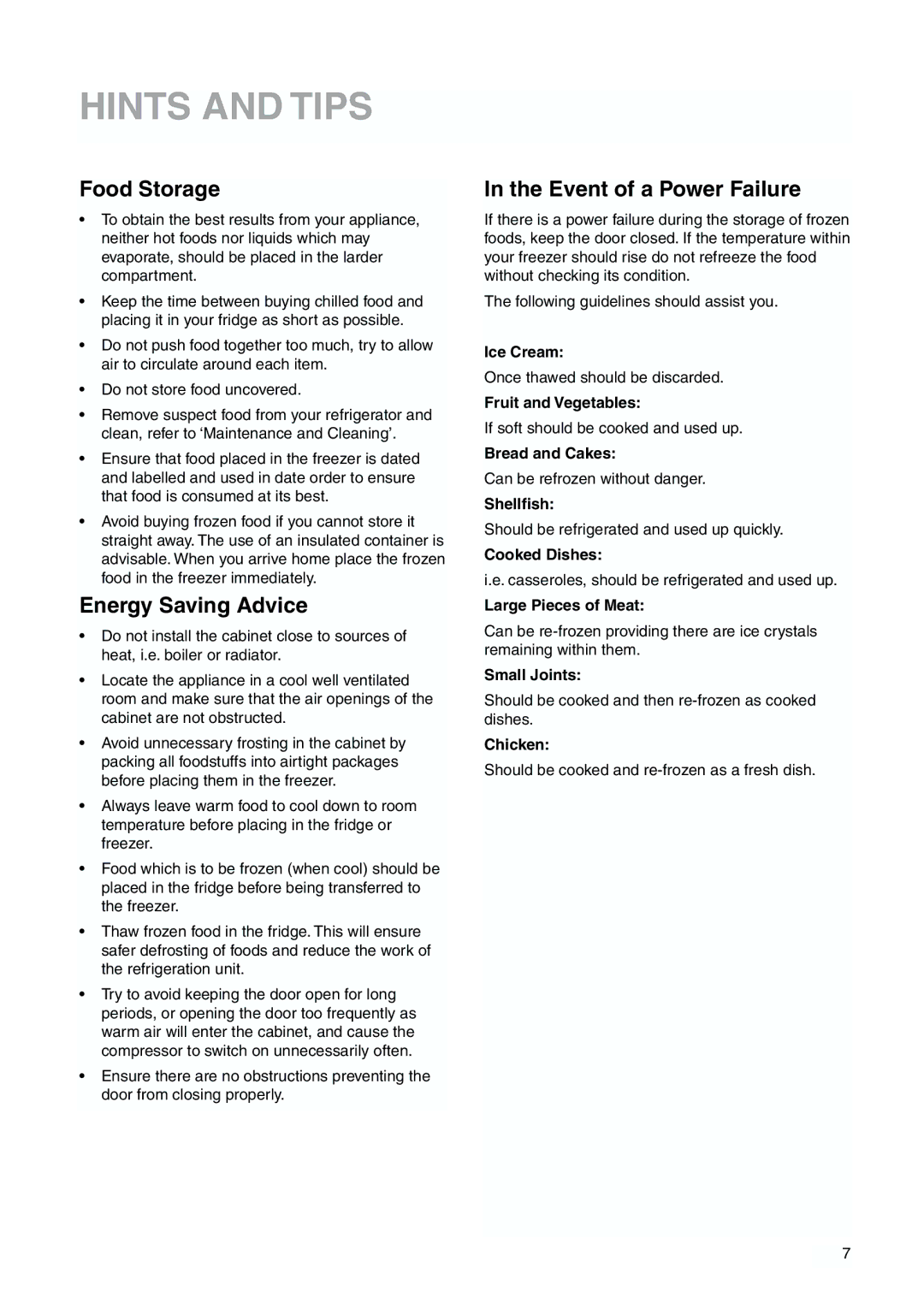 Zanussi ZBB 6244 manual Hints and Tips, Food Storage, Energy Saving Advice, Event of a Power Failure 