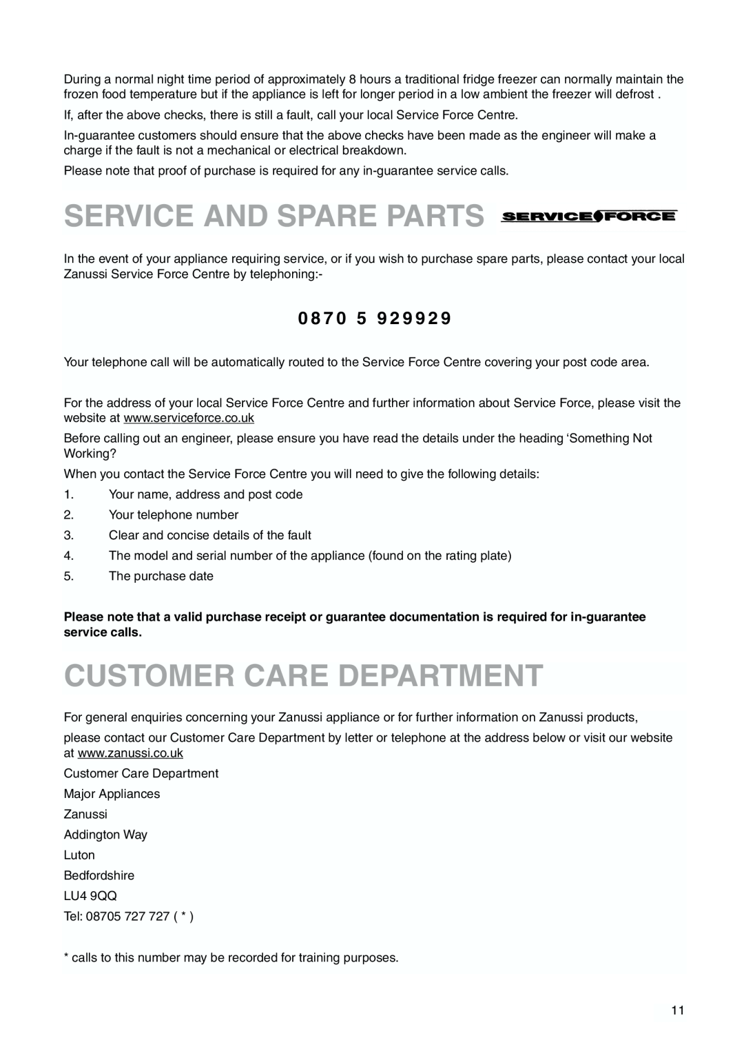 Zanussi ZBB 6244 manual Service And Spare Parts, Customer Care Department, 0 8 7 0 5 9 2 9 