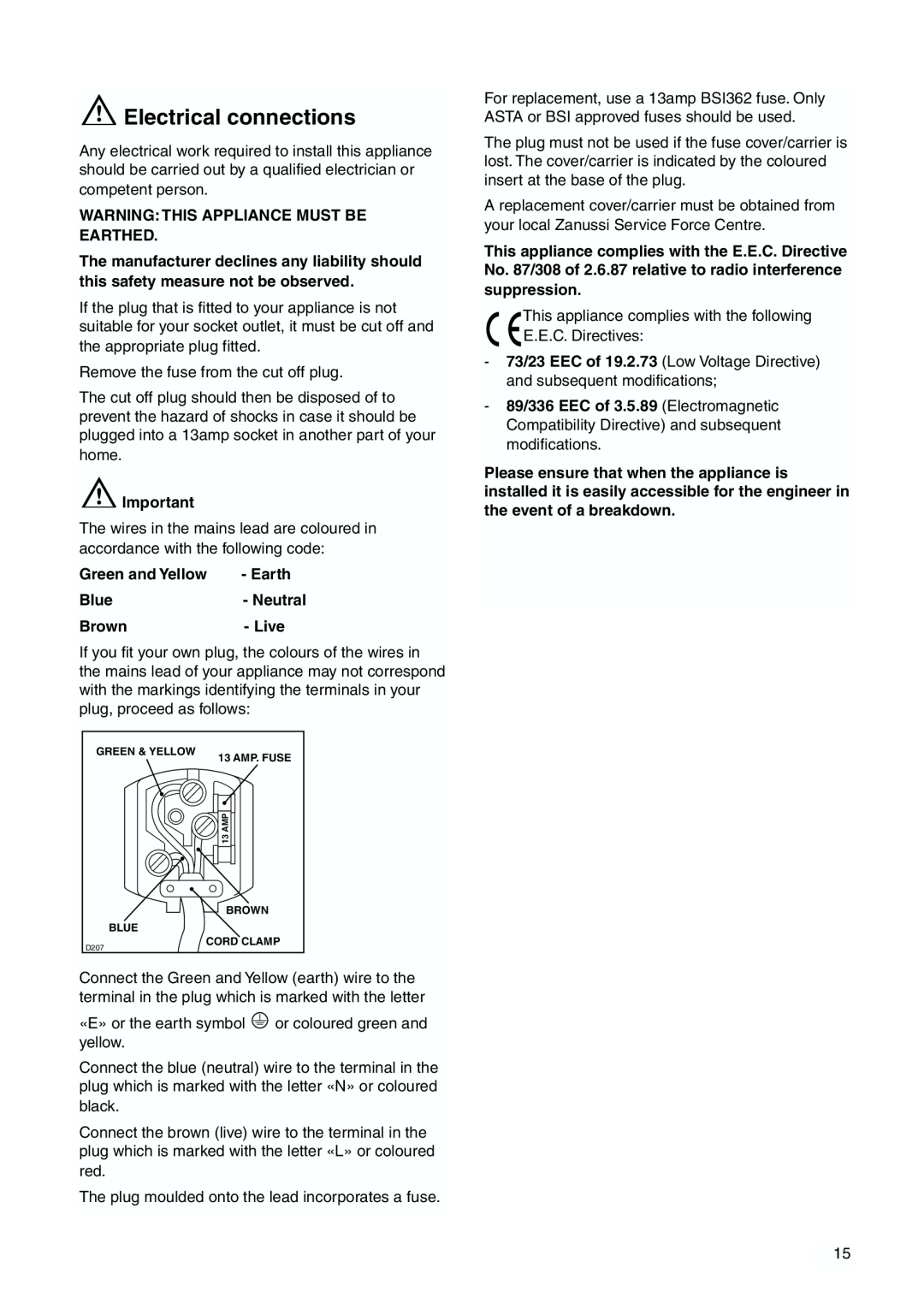 Zanussi ZBB 6244 manual Electrical connections, Warning This Appliance Must Be Earthed, Green and Yellow 