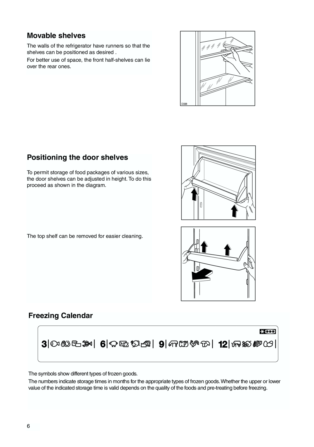 Zanussi ZBB 6244 manual Movable shelves, Positioning the door shelves, Freezing Calendar 