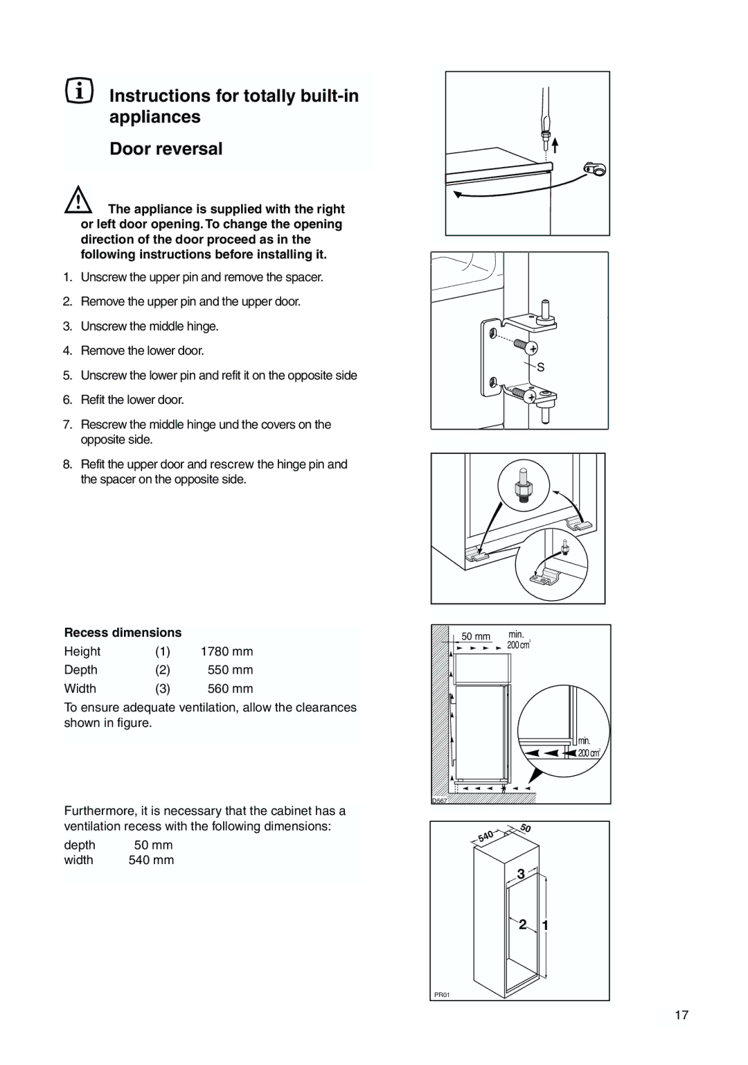 Zanussi ZBB 7266 manual Instructions for totally built-in appliances Door reversal, Recess dimensions 