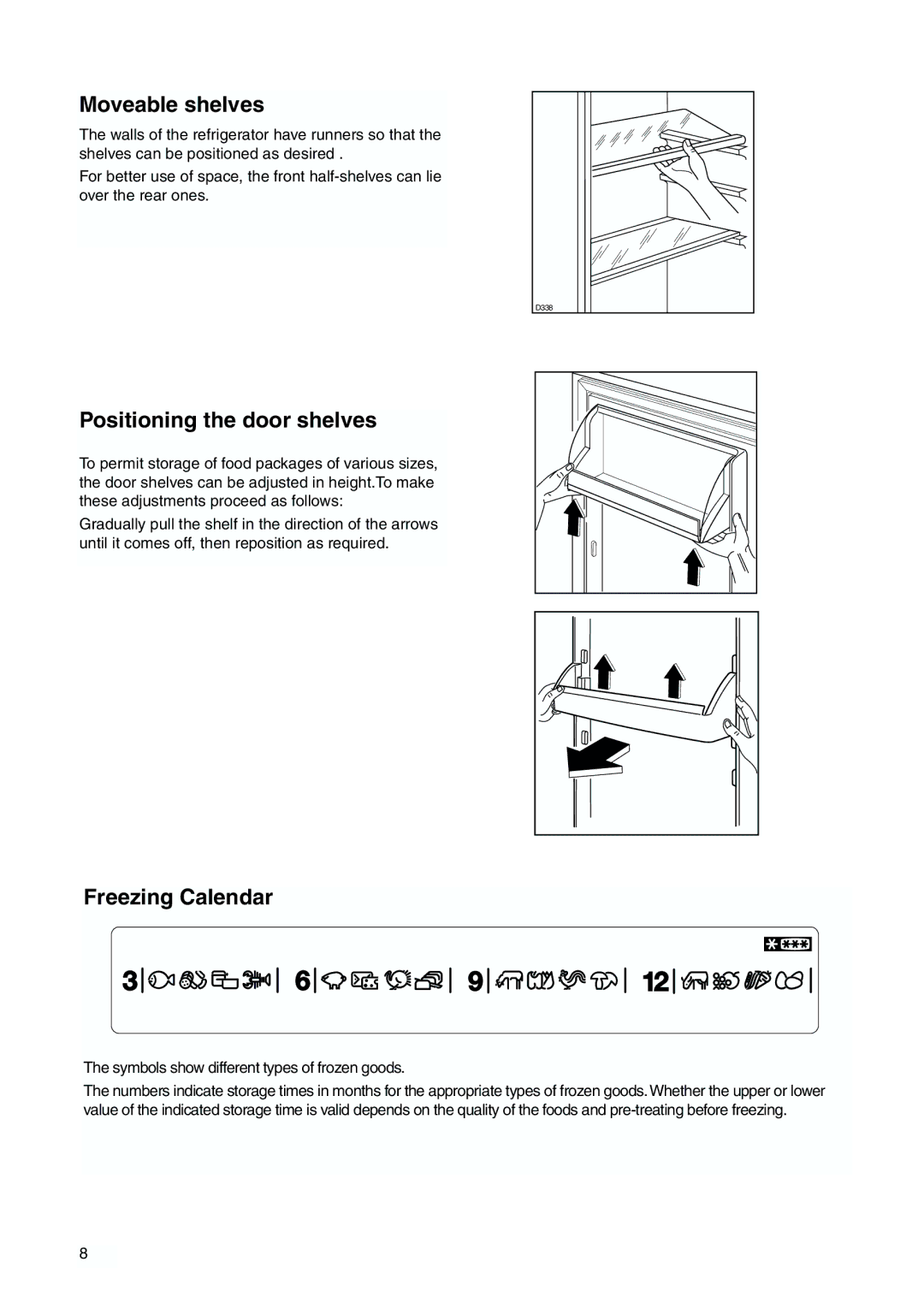 Zanussi ZBB 7266 manual Moveable shelves, Positioning the door shelves, Freezing Calendar 