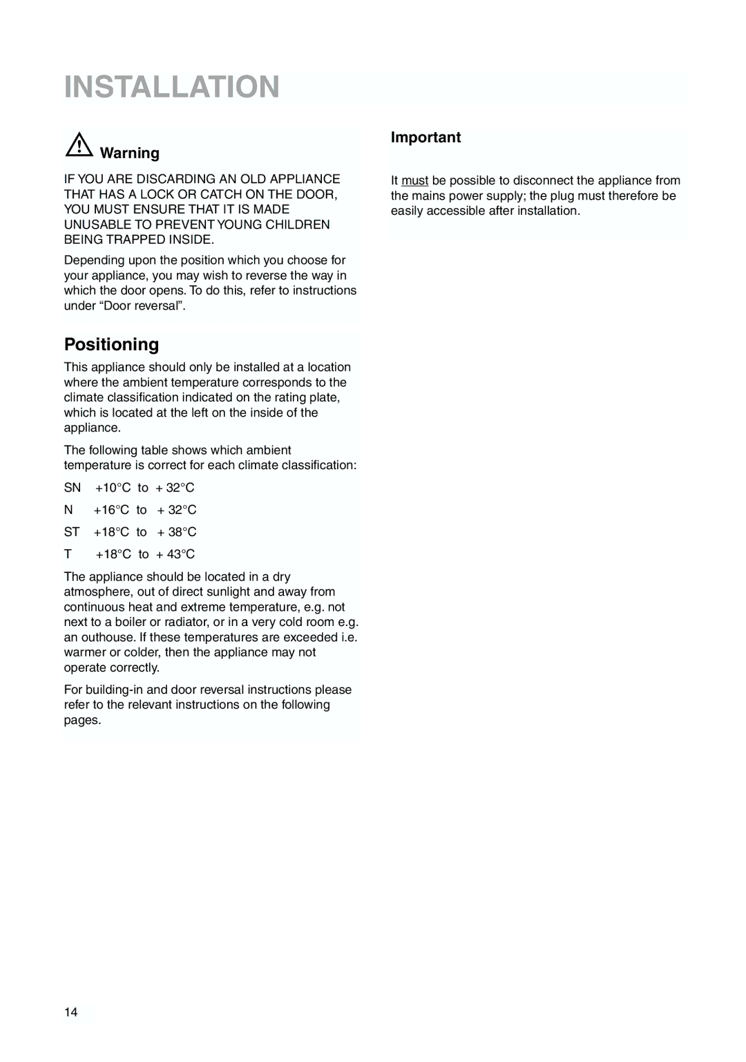 Zanussi ZBB 7294 manual Installation, Positioning 