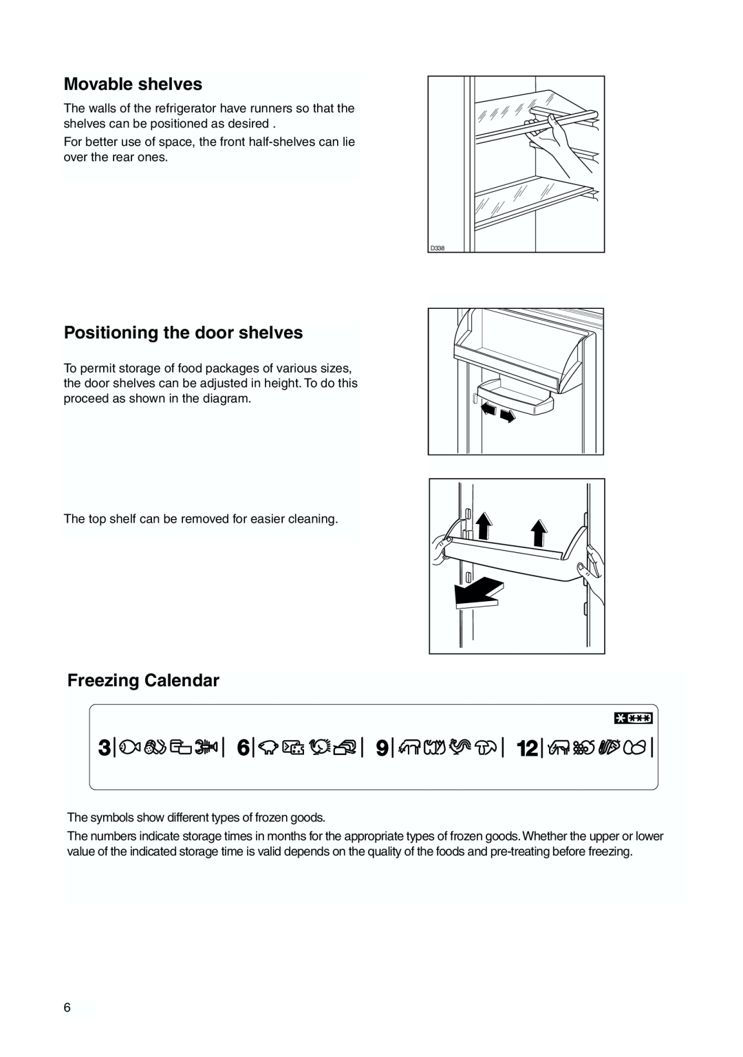 Zanussi ZBB 7294 manual Movable shelves, Positioning the door shelves, Freezing Calendar 