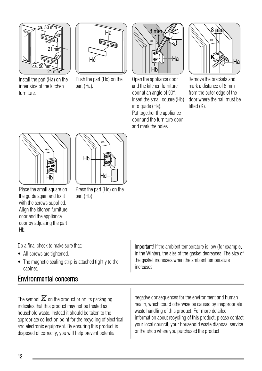 Zanussi ZBB2294L, ZBB2294R user manual Environmental concerns, Push the part Hc on the part Ha, Ca mm 21 mm 