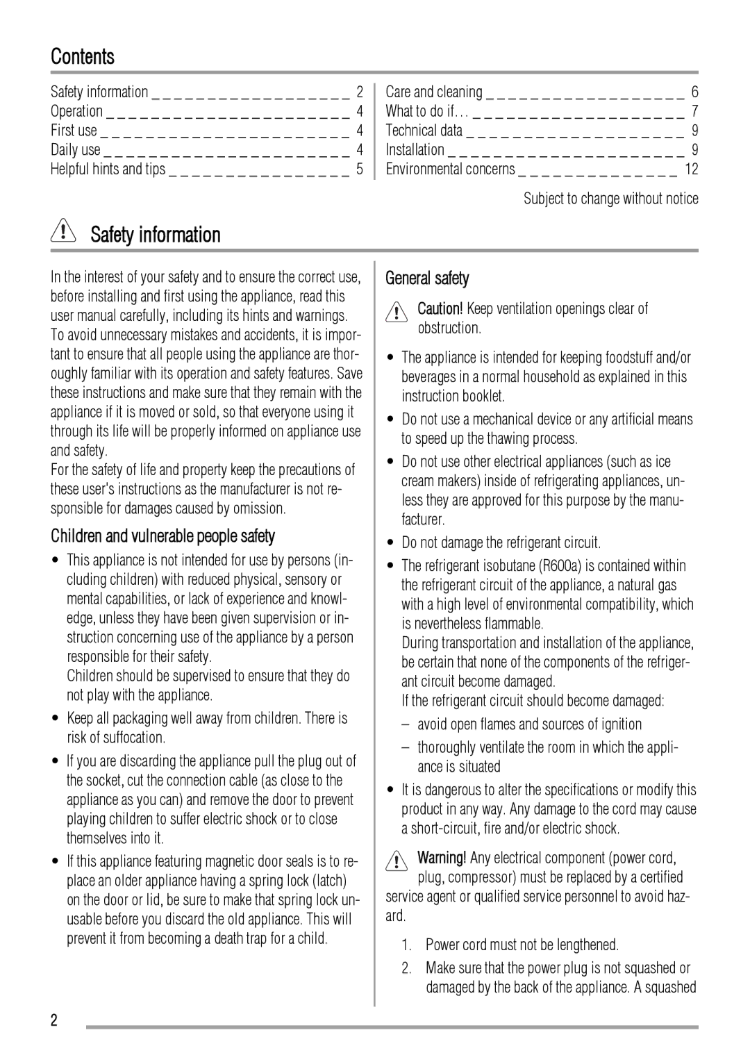 Zanussi ZBB2294L, ZBB2294R user manual Contents, Safety information 