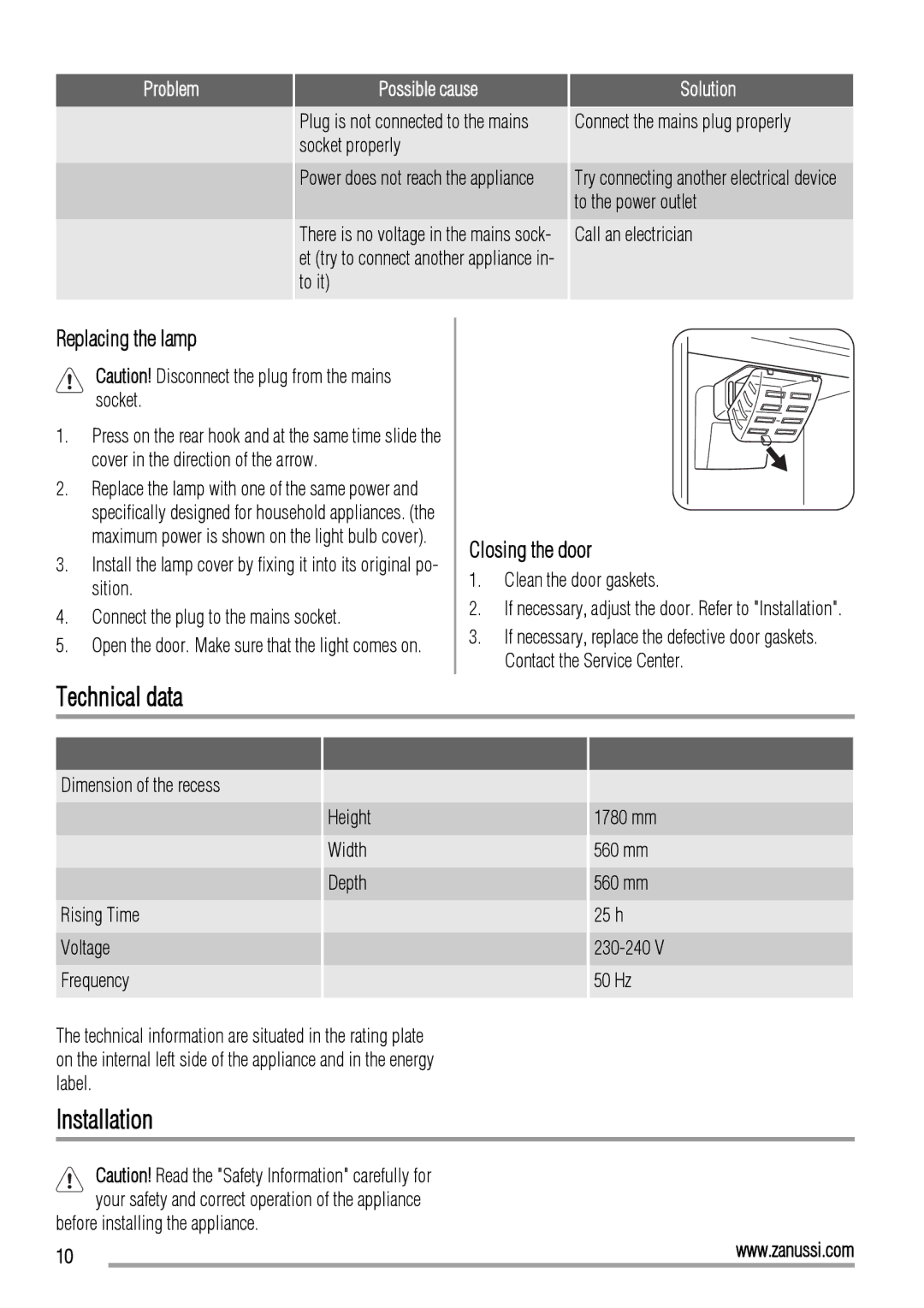 Zanussi ZBB26650SA manual Technical data, Installation, Replacing the lamp, Closing the door 