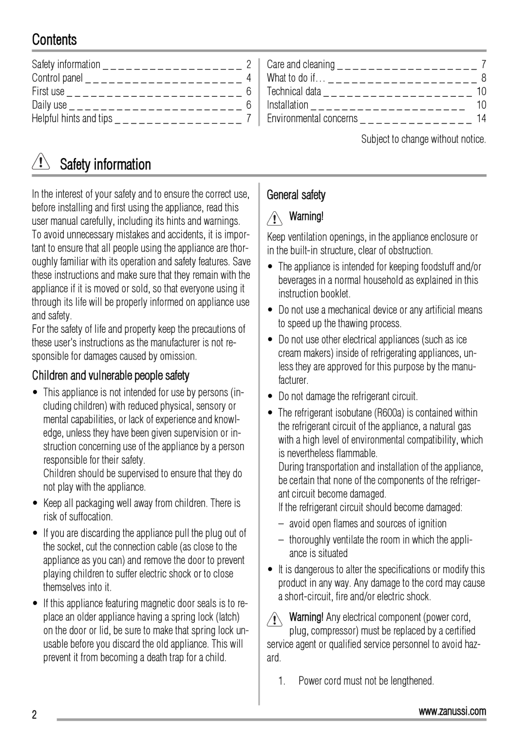 Zanussi ZBB26650SA manual Contents, Safety information 