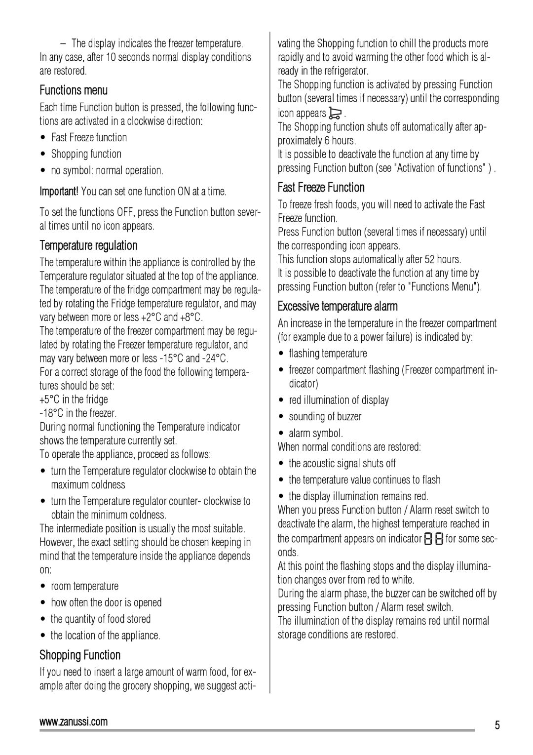 Zanussi ZBB26650SA manual Functions menu, Temperature regulation, Shopping Function, Fast Freeze Function 