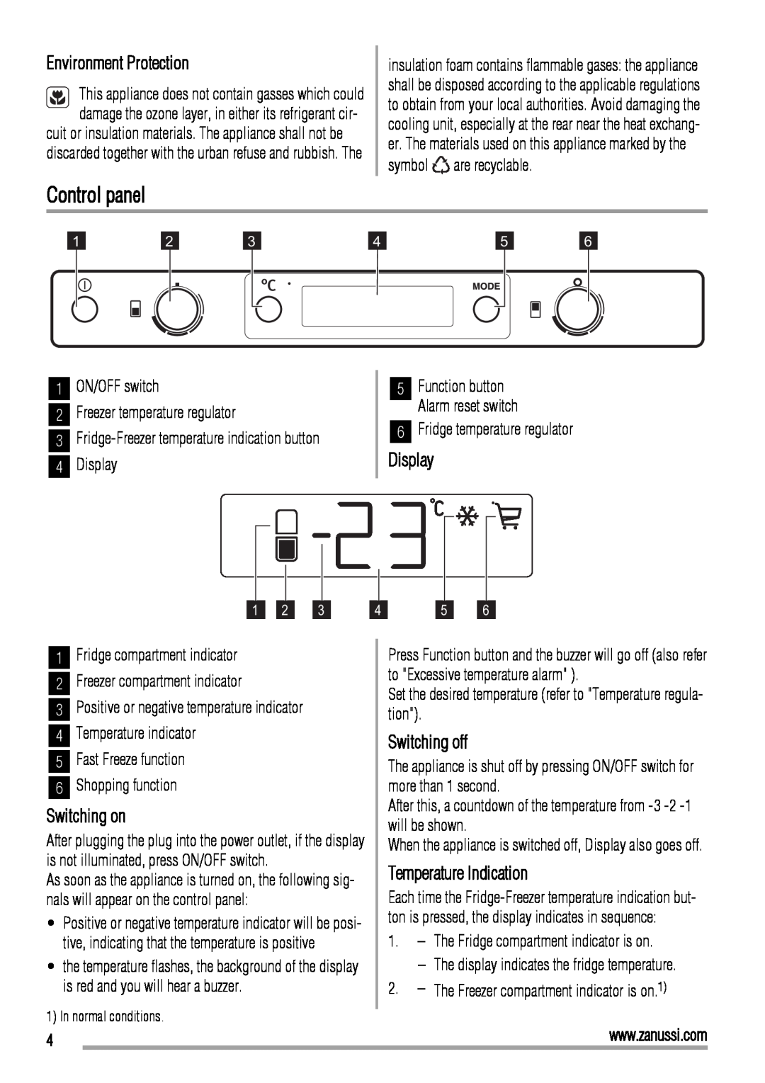 Zanussi ZBB26650SA Control panel, Environment Protection, Display, Switching on, Switching off, Temperature Indication 