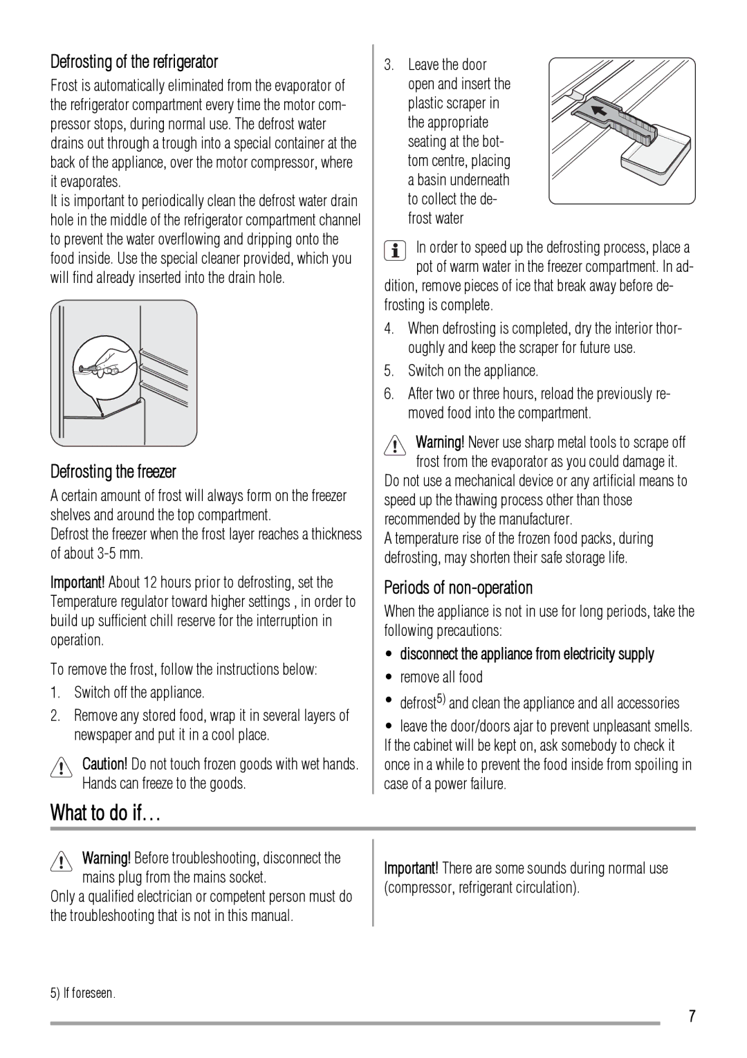 Zanussi ZBB6284 What to do if…, Defrosting of the refrigerator, Defrosting the freezer, Periods of non-operation 