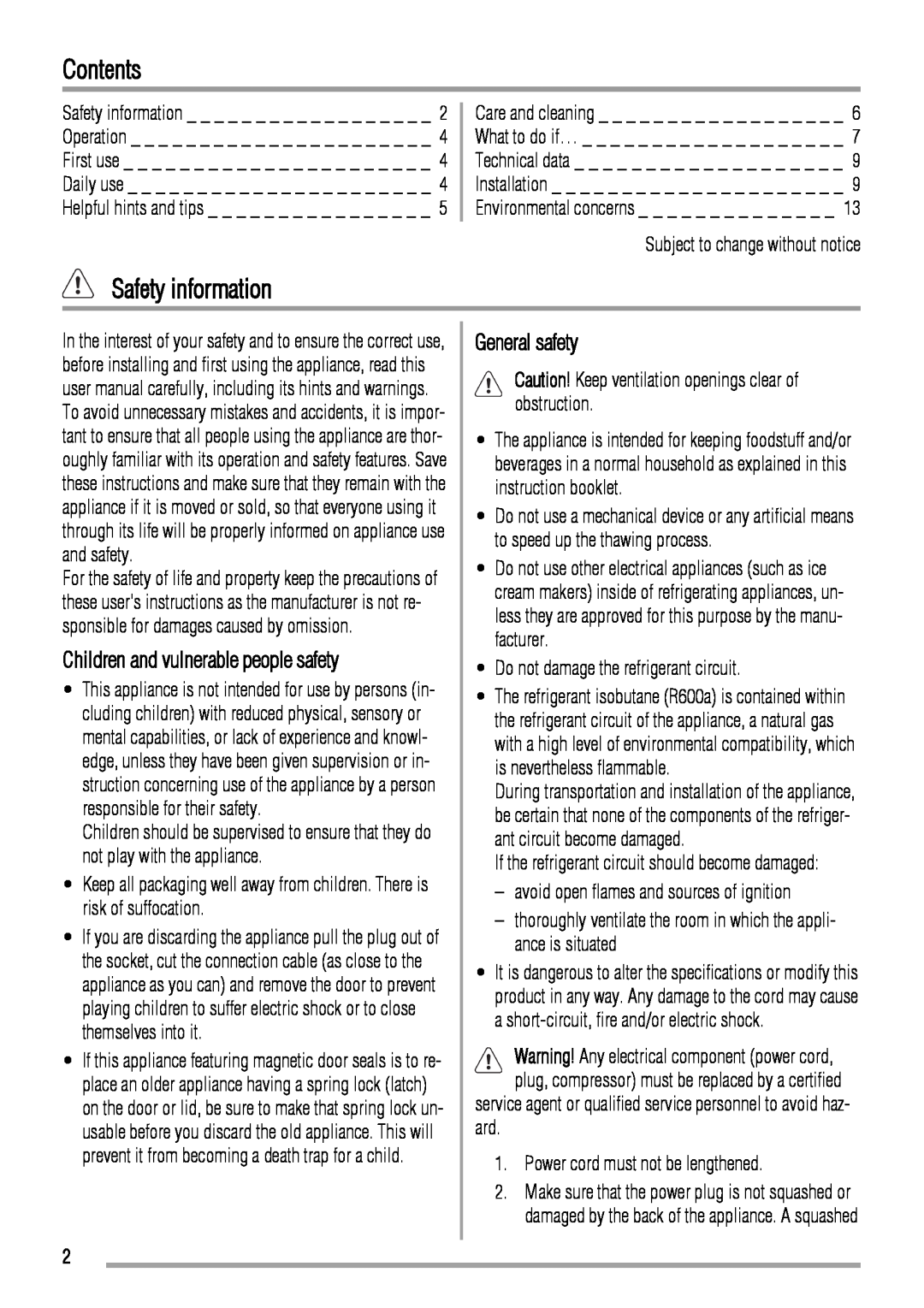 Zanussi ZBB6284 user manual Contents, Safety information, Children and vulnerable people safety, General safety 