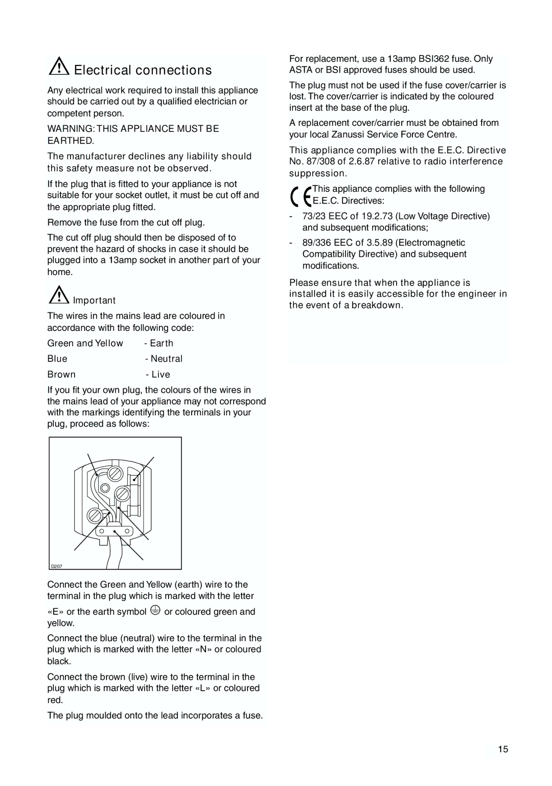 Zanussi ZBB6286 manual Electrical connections, Green and Yellow Earth Blue- Neutral Brown- Live 