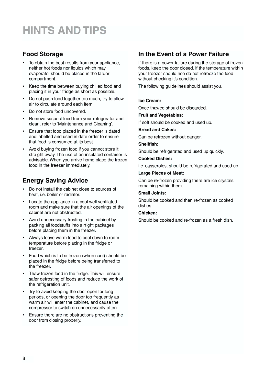 Zanussi ZBB6286 manual Hints and Tips, Food Storage, Energy Saving Advice, Event of a Power Failure 