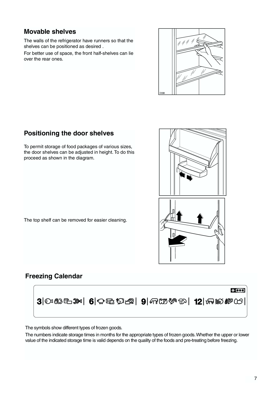 Zanussi ZBB6286 manual Movable shelves, Positioning the door shelves, Freezing Calendar 