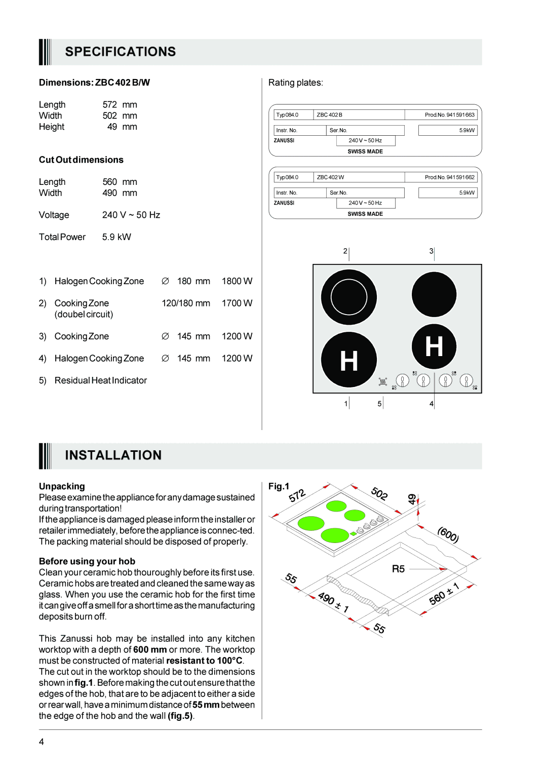 Zanussi ZBC 402 B/W manual Specifications, Installation 