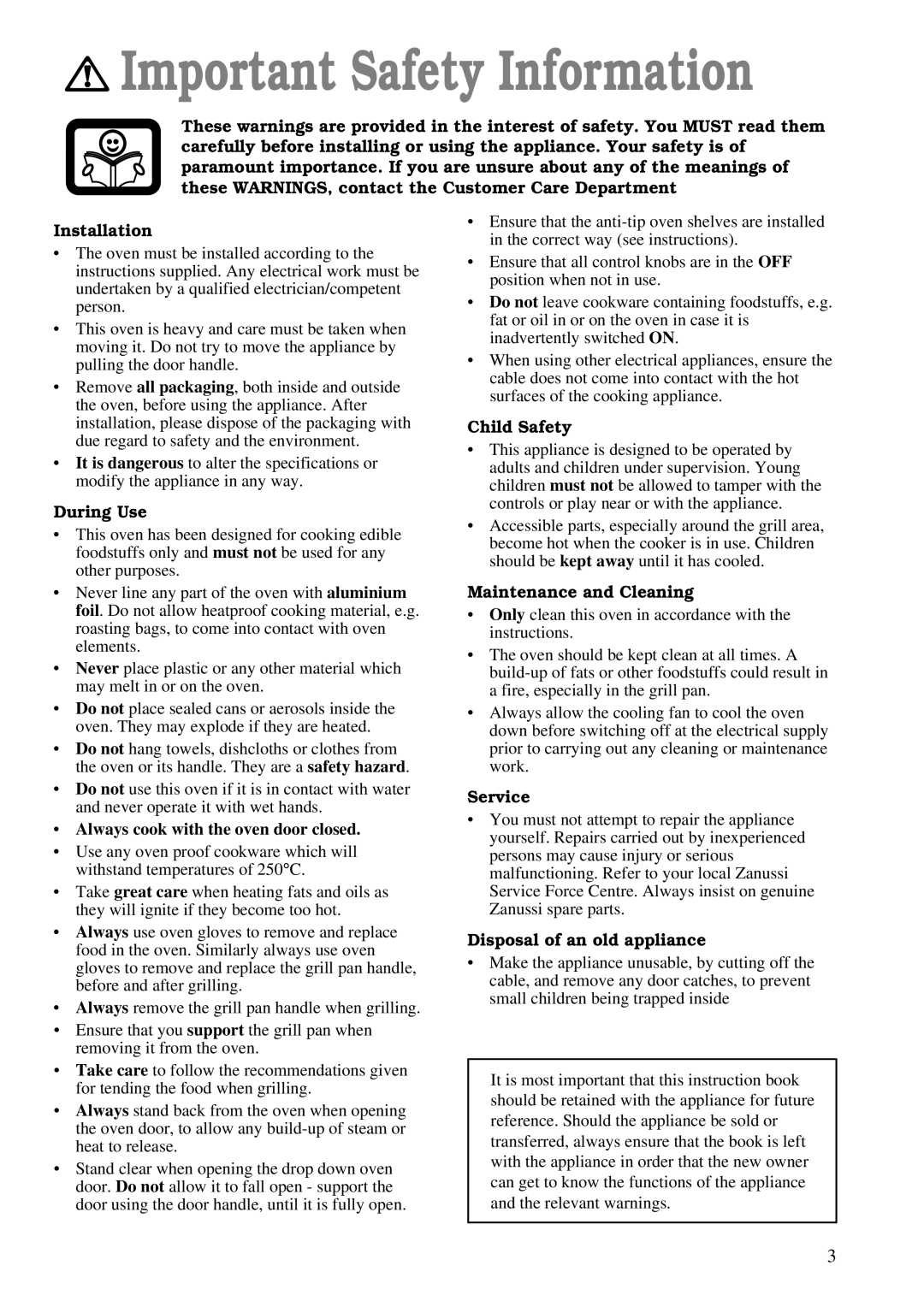 Zanussi ZBC 748 installation manual Important Safety Information 