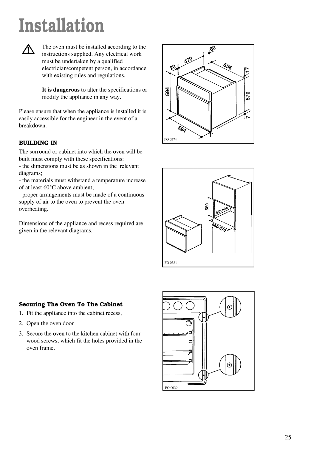 Zanussi ZBC 748 installation manual Installation, Building, Securing The Oven To The Cabinet 