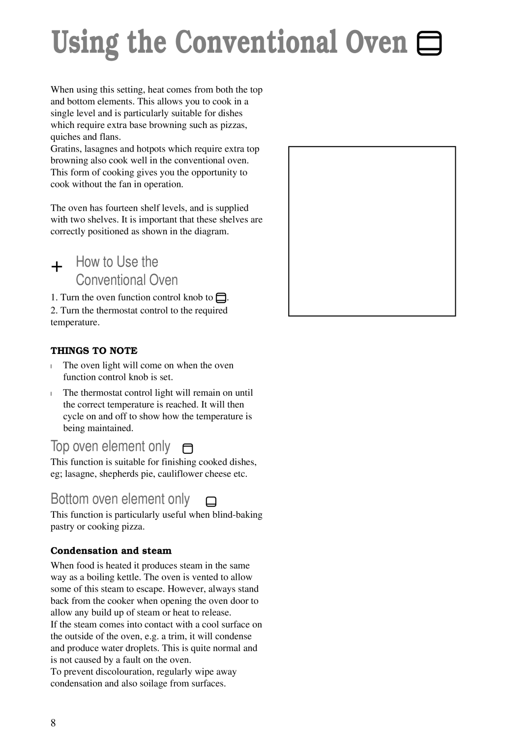 Zanussi ZBC 748 Using the Conventional Oven, How to Use Conventional Oven, Top oven element only, Bottom oven element only 