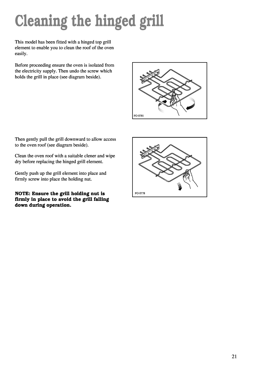 Zanussi ZBC 748 installation manual Cleaning the hinged grill 