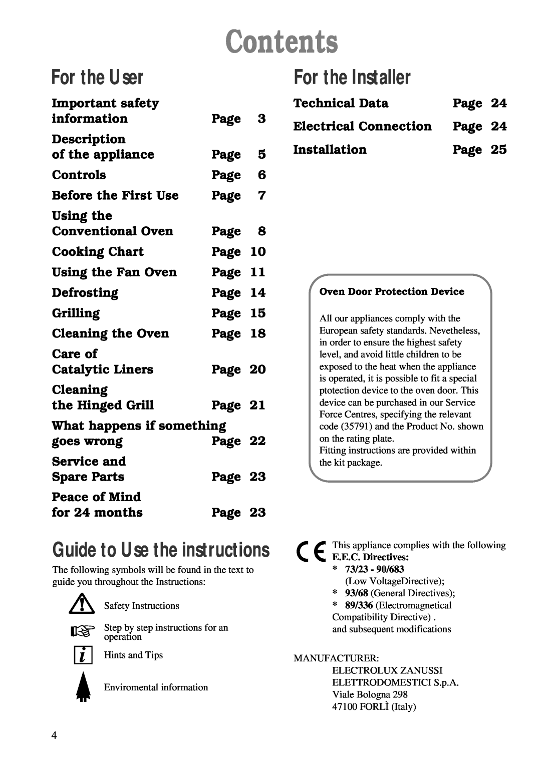 Zanussi ZBC 748 installation manual Contents, For the User, For the Installer, Guide to Use the instructions 