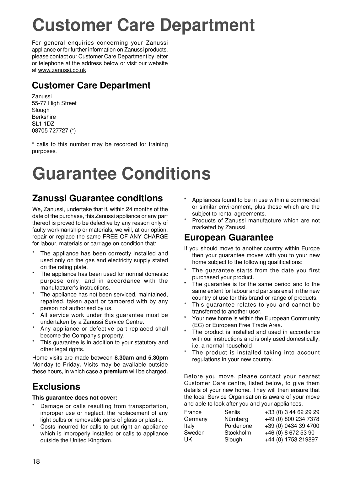 Zanussi ZBC 848 manual Customer Care Department, Guarantee Conditions 