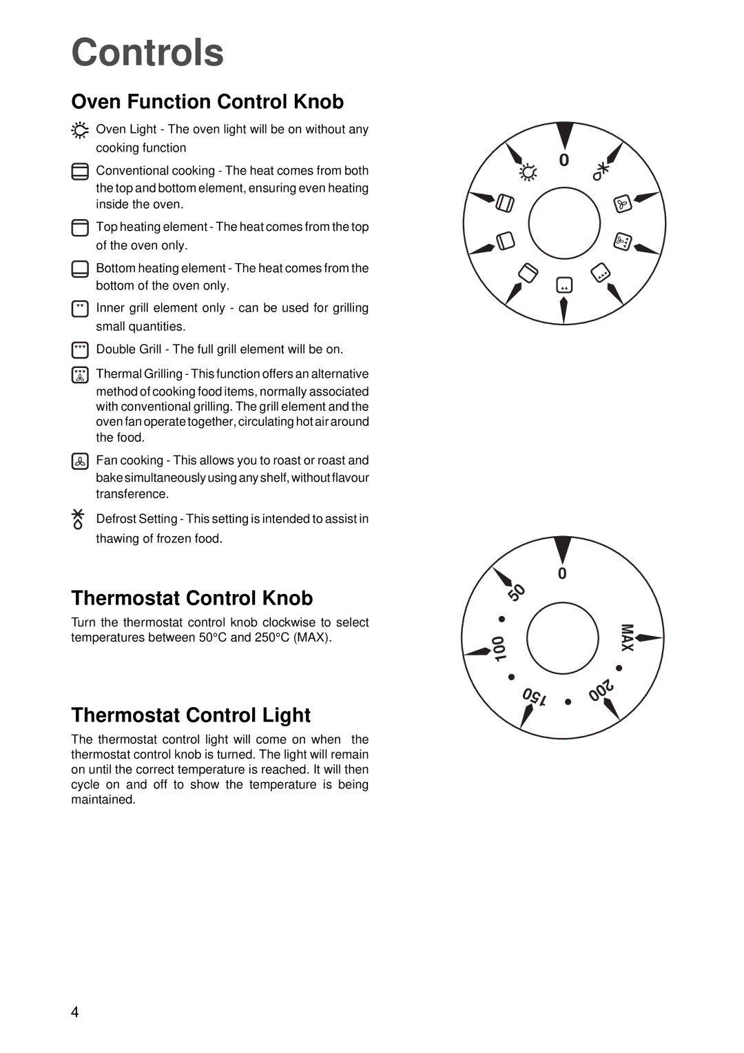 Zanussi ZBC 848 manual Controls, Oven Function Control Knob, Thermostat Control Knob, Thermostat Control Light, 100 