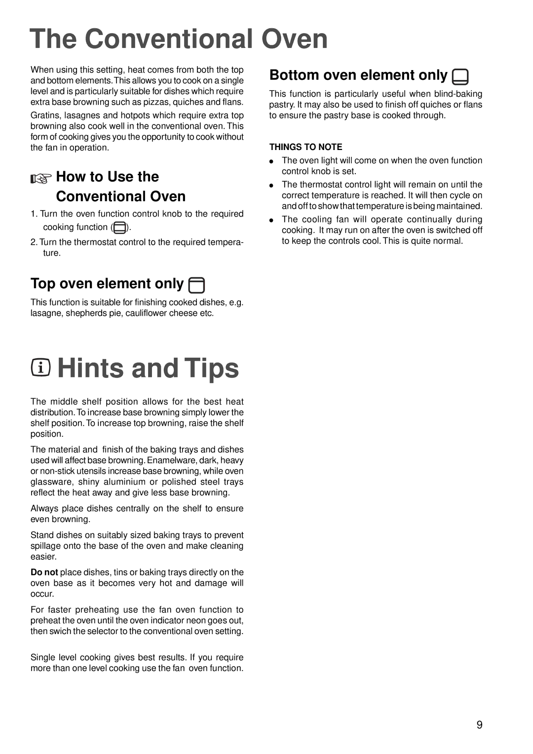 Zanussi ZBC 848 manual How to Use Conventional Oven, Bottom oven element only, Top oven element only 