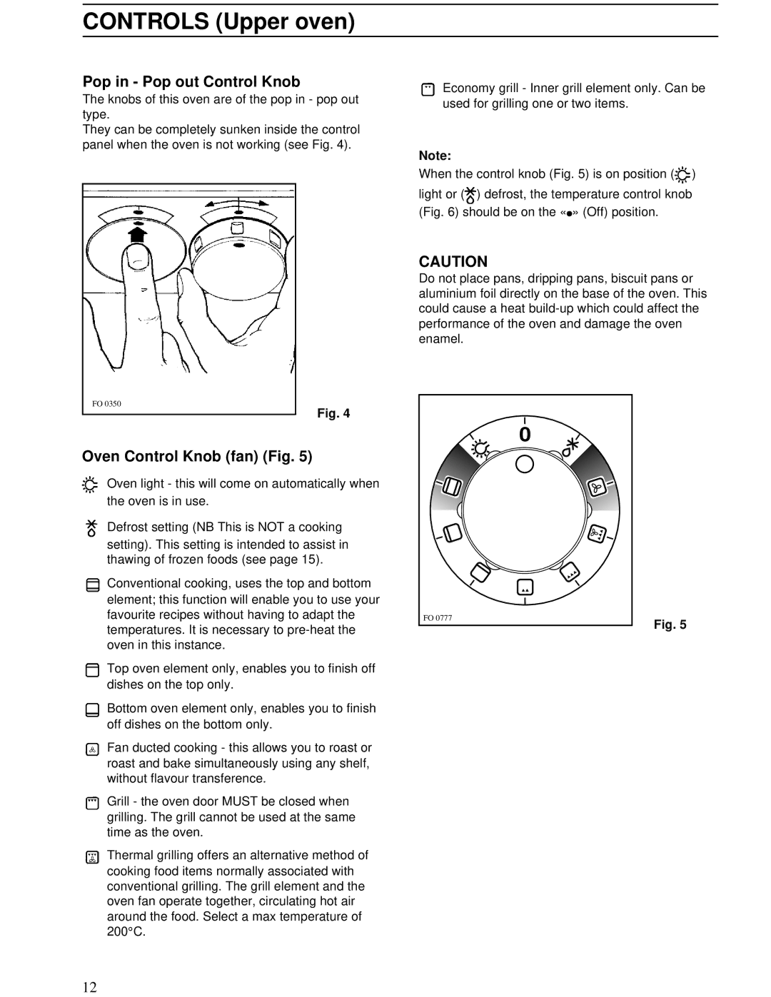 Zanussi ZBD 902 installation manual Pop in Pop out Control Knob, Oven Control Knob fan Fig 