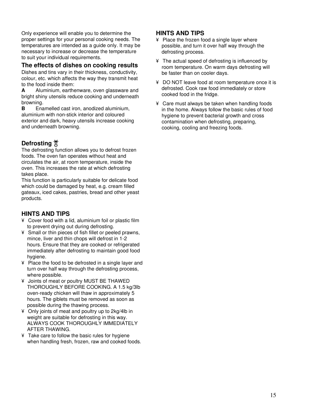 Zanussi ZBD 902 installation manual Effects of dishes on cooking results, Defrosting 