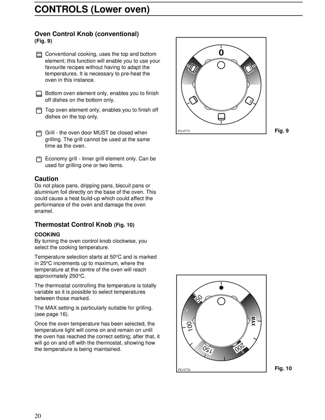 Zanussi ZBD 902 installation manual Controls Lower oven, Oven Control Knob conventional 