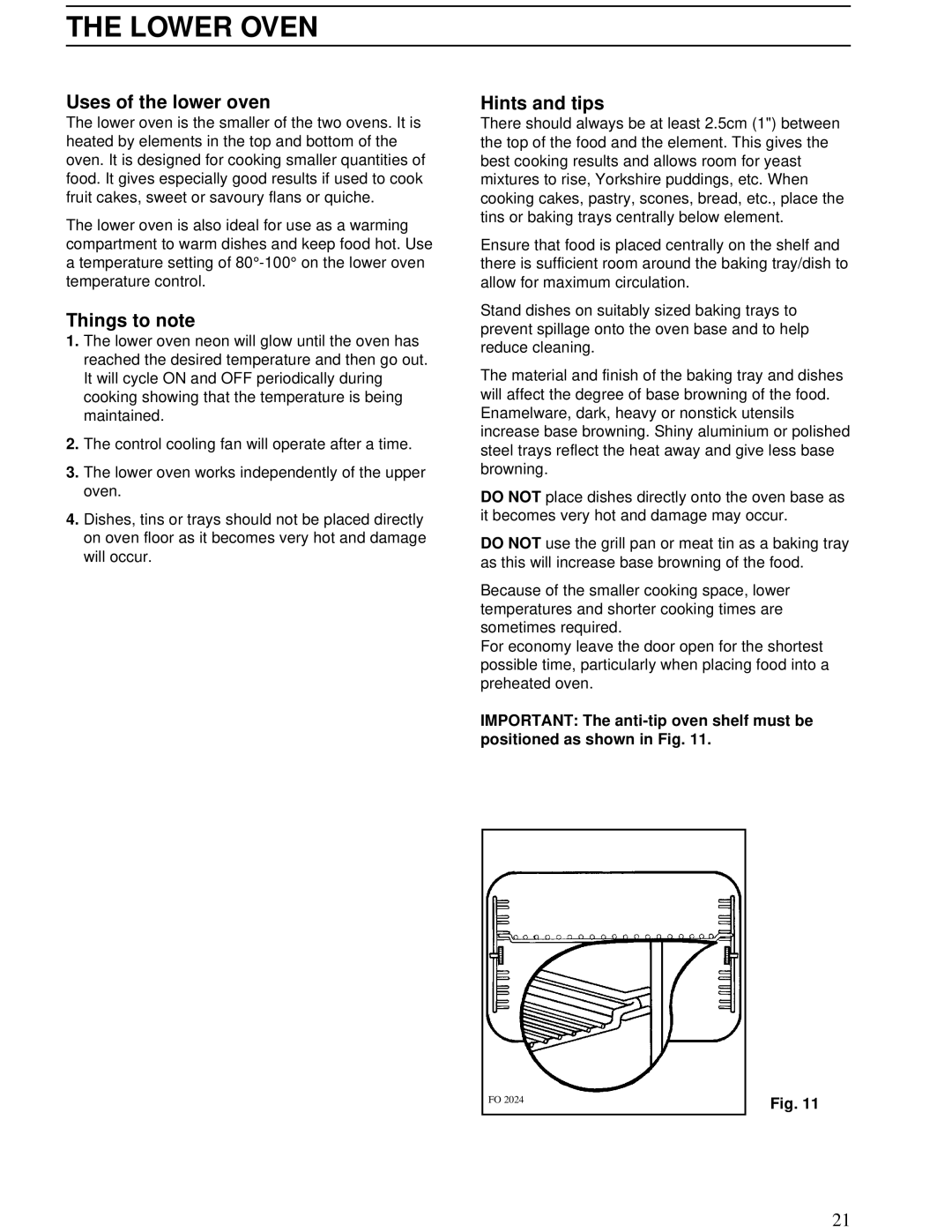 Zanussi ZBD 902 installation manual Lower Oven, Uses of the lower oven, Things to note, Hints and tips 