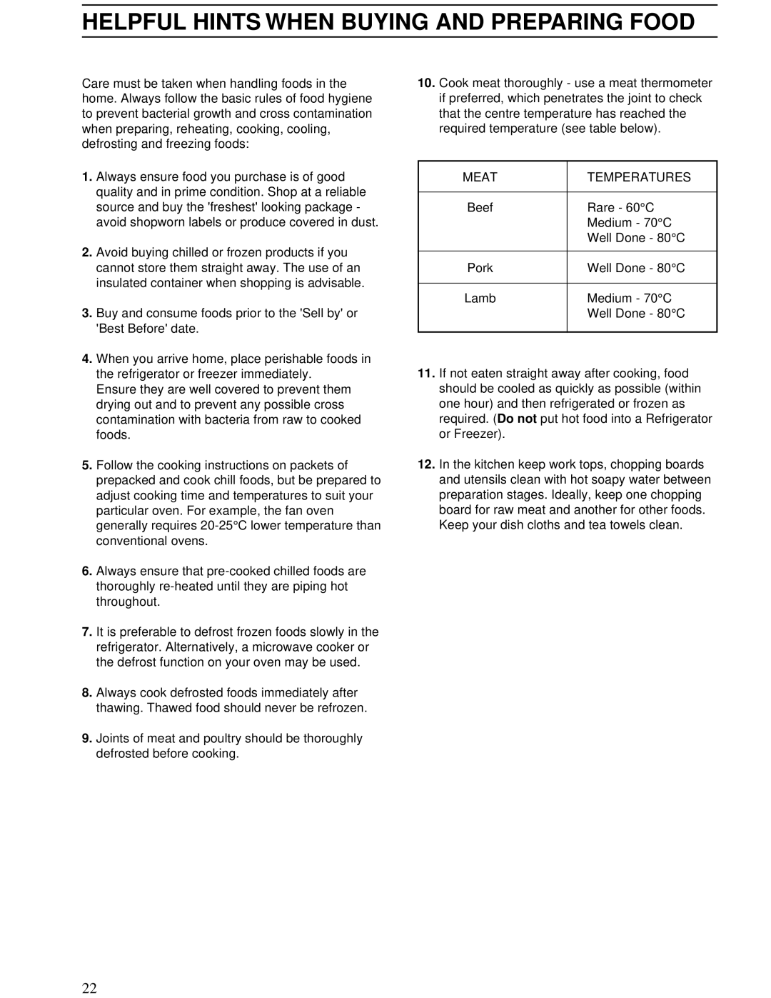 Zanussi ZBD 902 installation manual Helpful Hints When Buying and Preparing Food, Meat Temperatures 