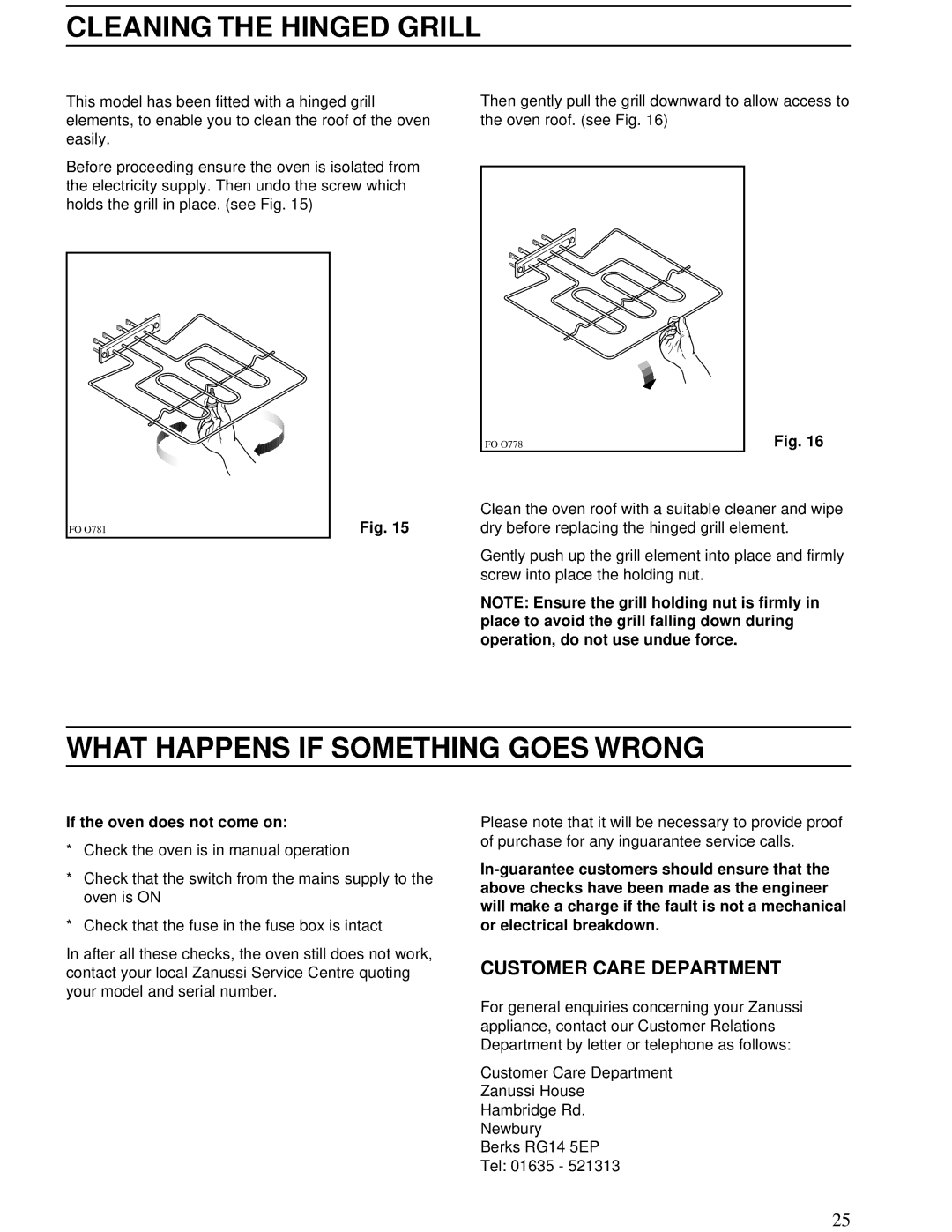 Zanussi ZBD 902 Cleaning the Hinged Grill, What Happens if Something Goes Wrong, Customer Care Department 