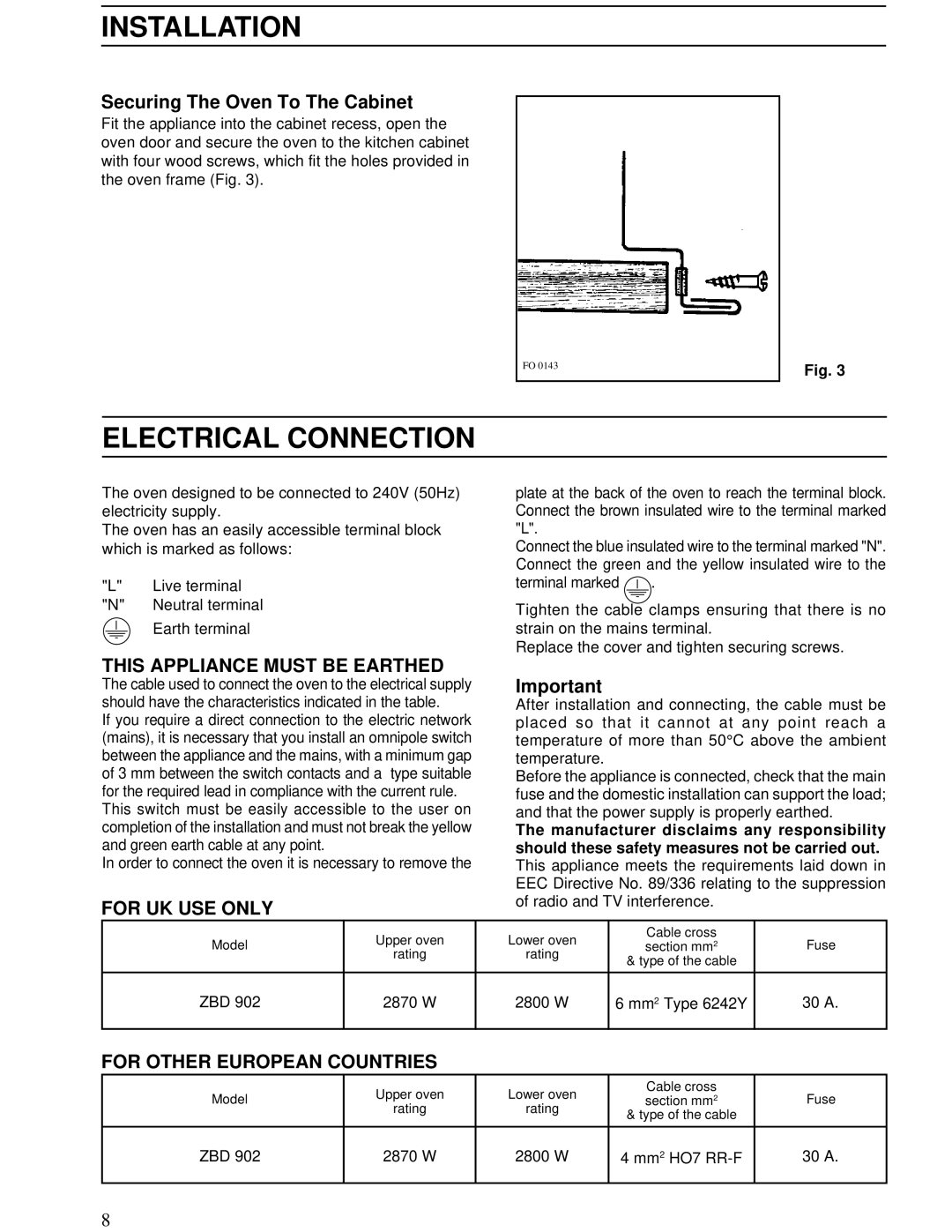 Zanussi ZBD 902 Electrical Connection, Securing The Oven To The Cabinet, This Appliance Must be Earthed, For UK USE only 