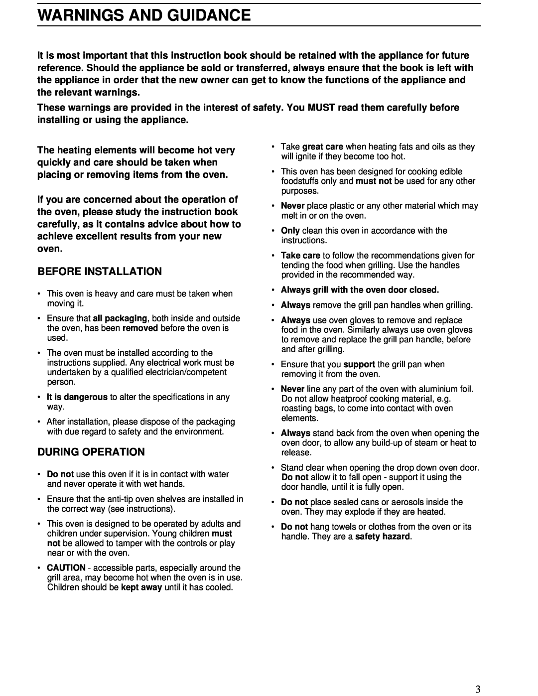 Zanussi ZBD 902 installation manual Warnings And Guidance, Before Installation, During Operation 