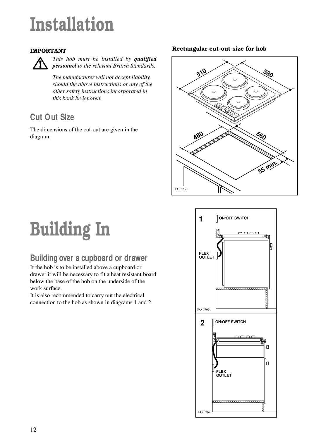 Zanussi ZBE 602 manual Installation, Building, Cut Out Size, Rectangular cut-out size for hob 