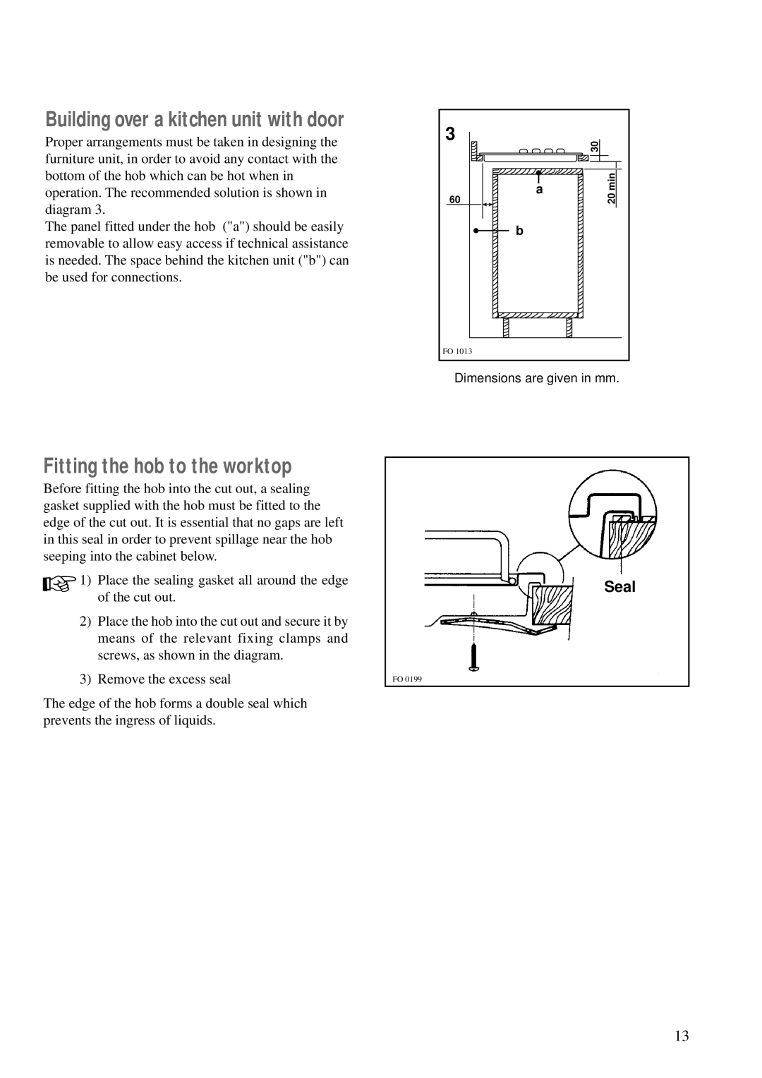 Zanussi ZBE 602 manual Fitting the hob to the worktop, Building over a kitchen unit with door 