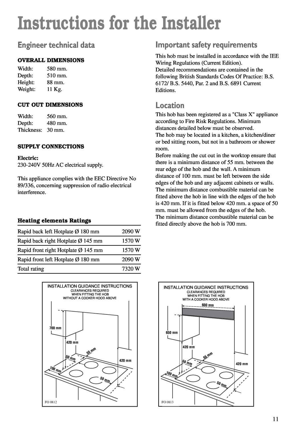 Zanussi ZBE 602 manual Instructions for the Installer, Engineer technical data, Important safety requirements, Location 
