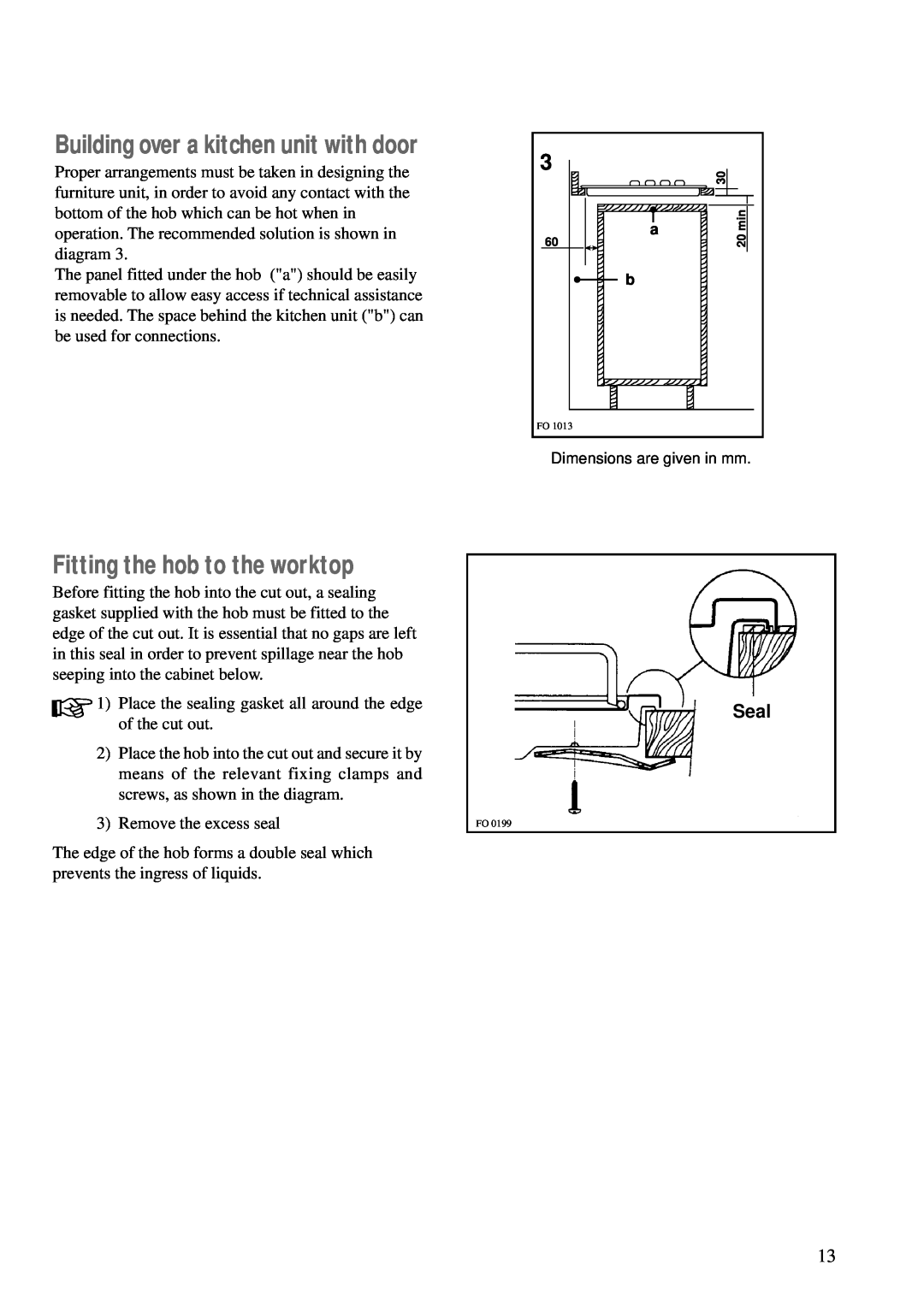 Zanussi ZBE 602 manual Fitting the hob to the worktop, Seal, Building over a kitchen unit with door 