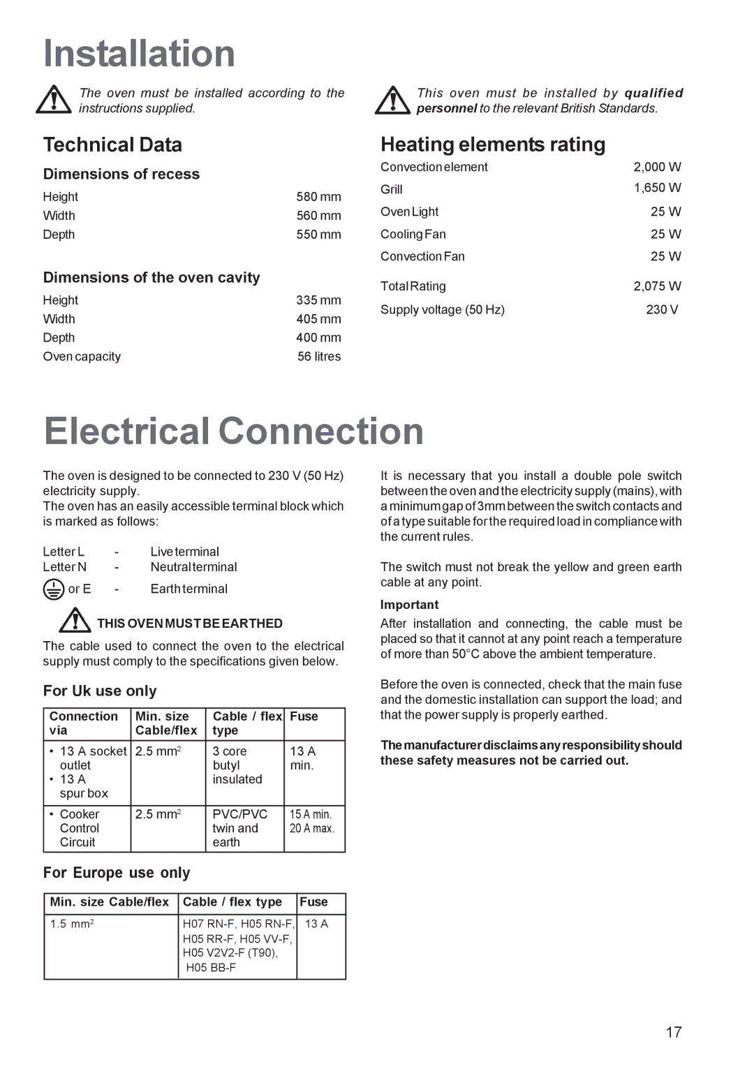 Zanussi ZBF 260 manual Installation, Electrical Connection, Connection Min. size Cable / flex Fuse Via Cable/flex Type 