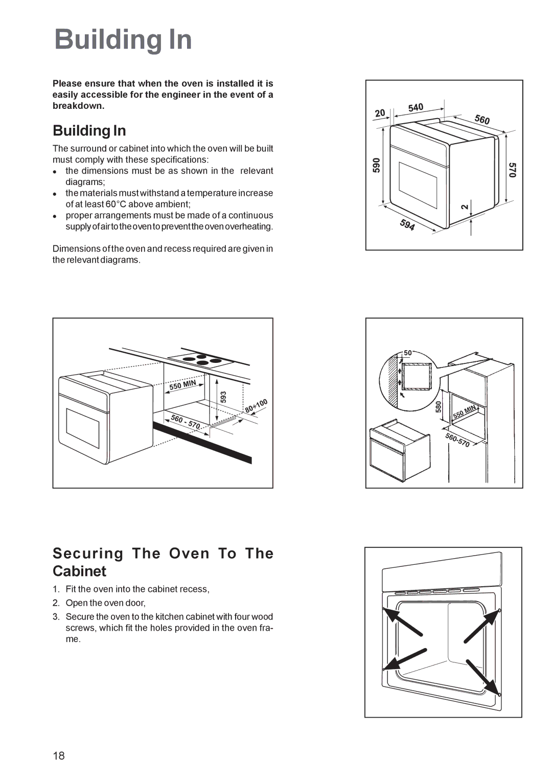 Zanussi ZBF 260 manual Building, Securing The Oven To The Cabinet, 570 