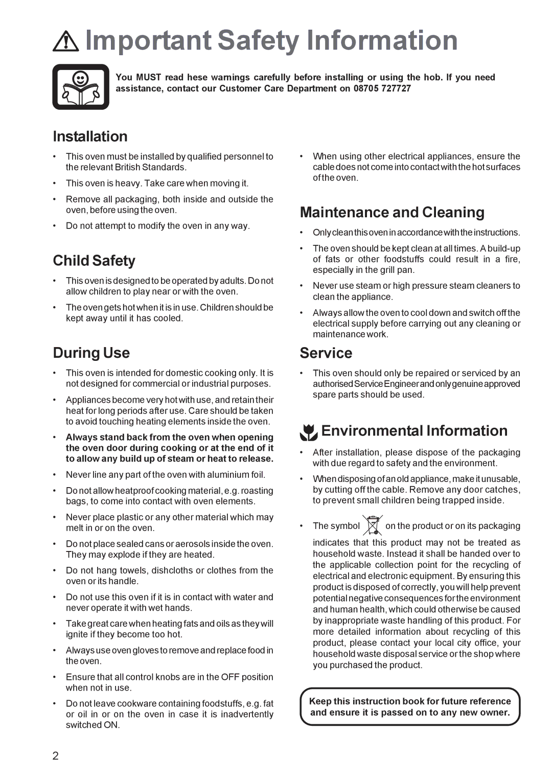 Zanussi ZBF 260 manual Important Safety Information 