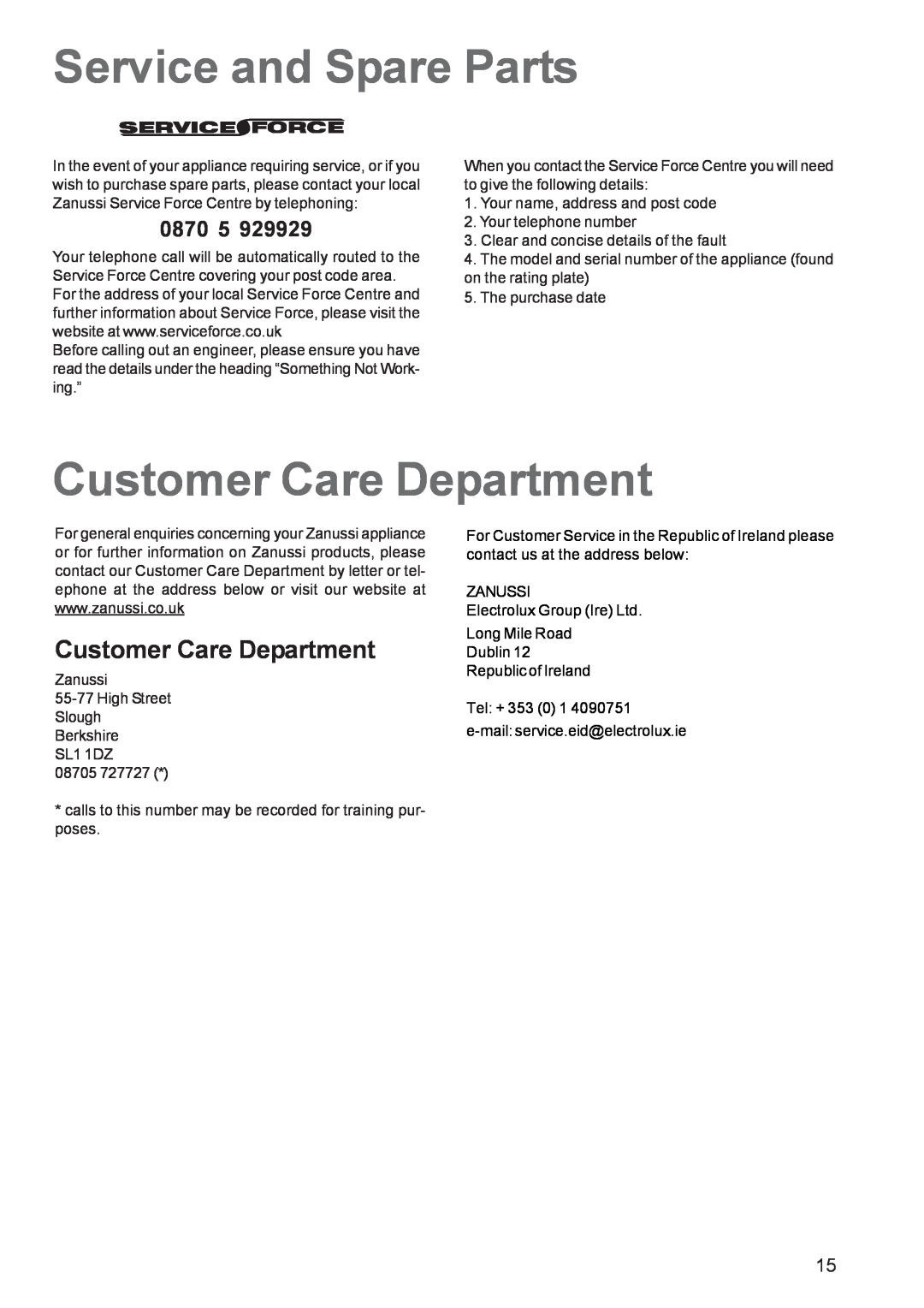 Zanussi ZBF 260 manual Service and Spare Parts, Customer Care Department, 0870 5 