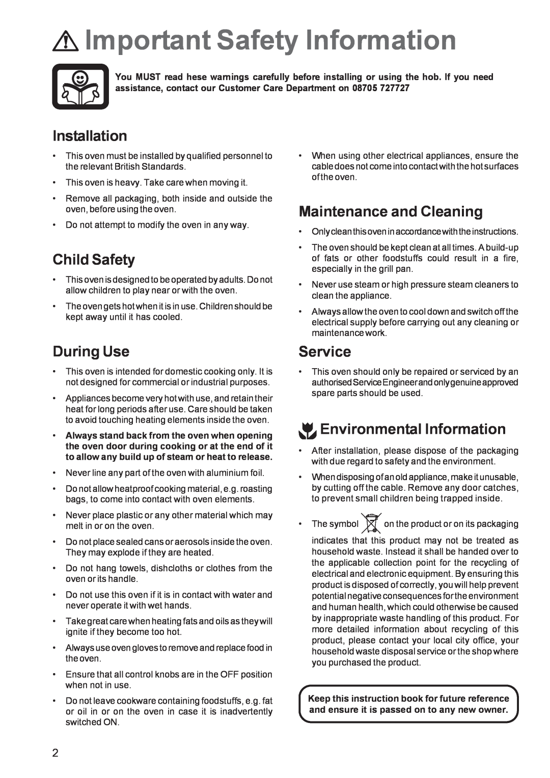 Zanussi ZBF 260 Important Safety Information, Installation, Child Safety, Maintenance and Cleaning, During Use, Service 