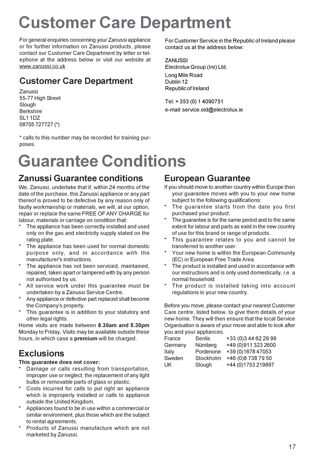 Zanussi ZBF 360 manual Customer Care Department, Guarantee Conditions 