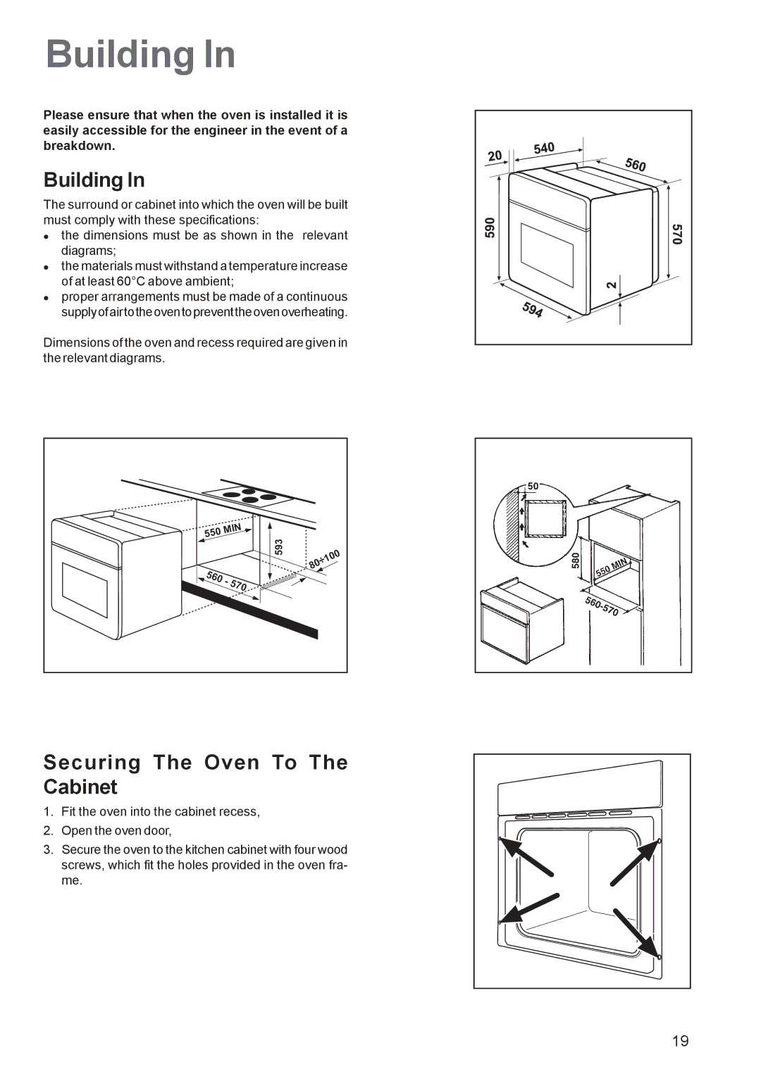 Zanussi ZBF 360 manual Building, Securing The Oven To The Cabinet, 570 