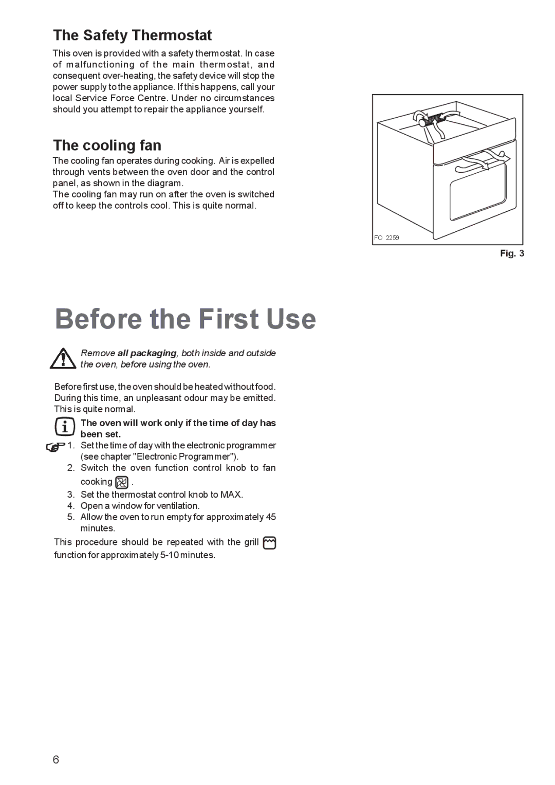 Zanussi ZBF 360 Before the First Use, Safety Thermostat, Cooling fan, Oven will work only if the time of day has been set 